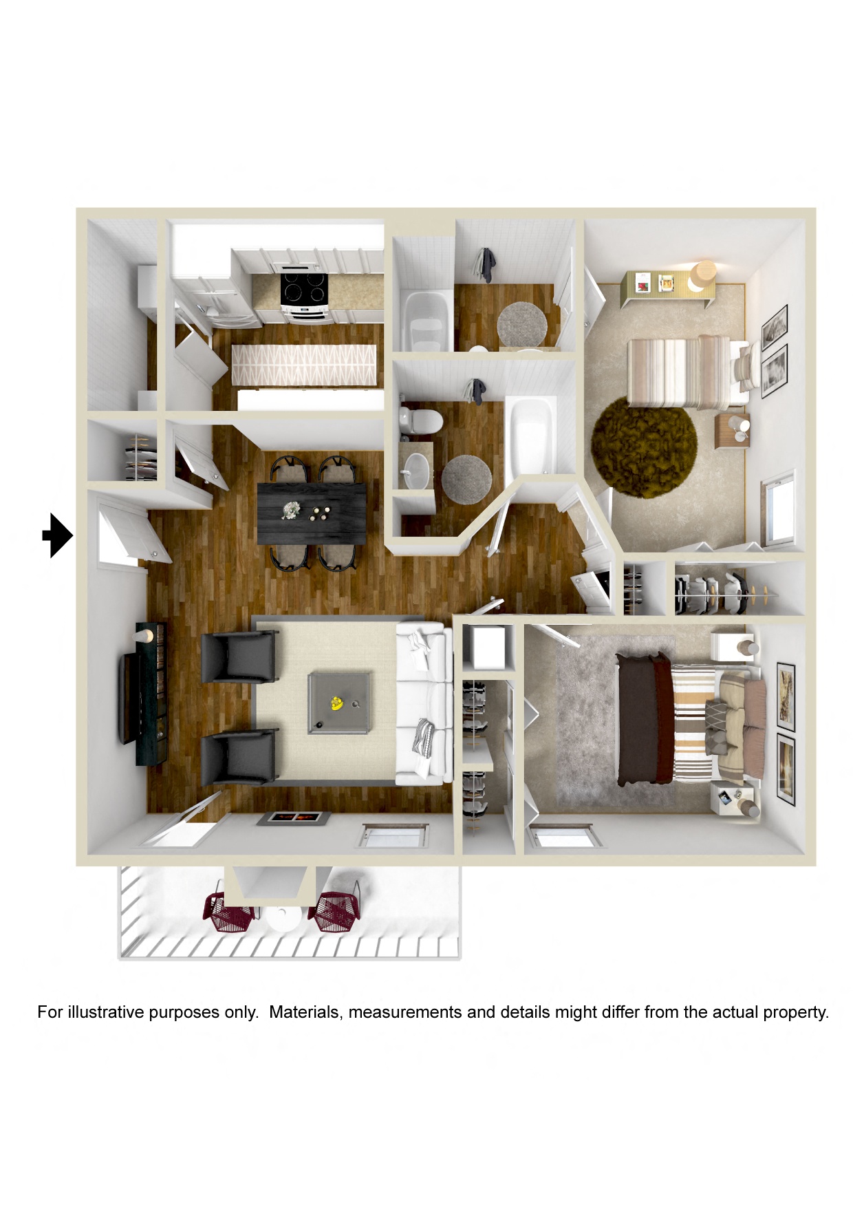 Floor plan for 2 beds, 2 baths, 896 sqft